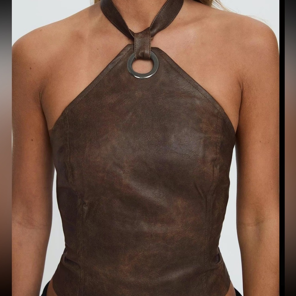 Brown Faux Leather Halter Top